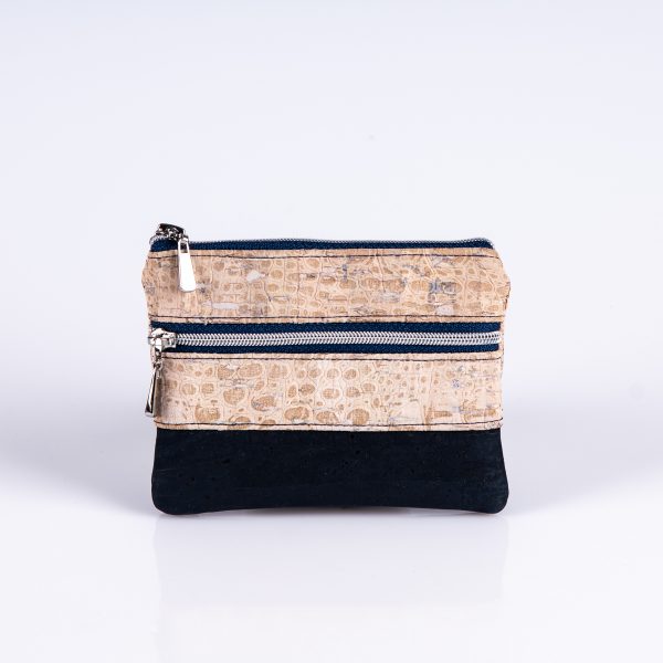 Mini - Geldbörse Croco - Blau. Tasche aus Kork mit schönen Croco Muster. Vorderansicht